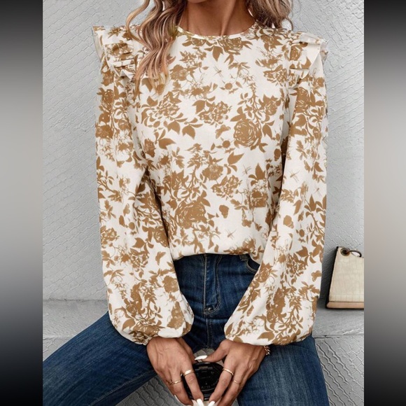 Boho floral print flounce sleeve blouse